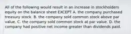 All of the following would result in an increase in stockholders equity on the balance sheet EXCEPT A. the company purchased treasury stock. B. the company sold common stock above par value. C. the company sold common stock at par value. D. the company had positive net income greater than dividends paid.