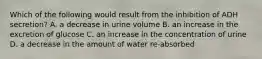 Which of the following would result from the inhibition of ADH secretion? A. a decrease in urine volume B. an increase in the excretion of glucose C. an increase in the concentration of urine D. a decrease in the amount of water re-absorbed