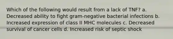 Which of the following would result from a lack of TNF? a. Decreased ability to fight gram-negative bacterial infections b. Increased expression of class II MHC molecules c. Decreased survival of cancer cells d. Increased risk of septic shock