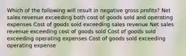 Which of the following will result in negative gross profits? Net sales revenue exceeding both cost of goods sold and operating expenses Cost of goods sold exceeding sales revenue Net sales revenue exceeding cost of goods sold Cost of goods sold exceeding operating expenses Cost of goods sold exceeding operating expense