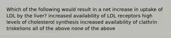 Which of the following would result in a net increase in uptake of LDL by the liver? increased availability of LDL receptors high levels of cholesterol synthesis increased availability of clathrin triskelions all of the above none of the above