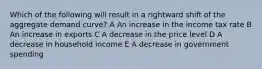 Which of the following will result in a rightward shift of the aggregate demand curve? A An increase in the income tax rate B An increase in exports C A decrease in the price level D A decrease in household income E A decrease in government spending