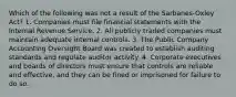 Which of the following was not a result of the Sarbanes-Oxley Act? 1. Companies must file financial statements with the Internal Revenue Service. 2. All publicly traded companies must maintain adequate internal controls. 3. The Public Company Accounting Oversight Board was created to establish auditing standards and regulate auditor activity. 4. Corporate executives and boards of directors must ensure that controls are reliable and effective, and they can be fined or imprisoned for failure to do so.