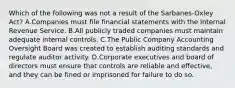 Which of the following was not a result of the Sarbanes-Oxley Act? A.Companies must file financial statements with the Internal Revenue Service. B.All publicly traded companies must maintain adequate internal controls. C.The Public Company Accounting Oversight Board was created to establish auditing standards and regulate auditor activity. D.Corporate executives and board of directors must ensure that controls are reliable and effective, and they can be fined or imprisoned for failure to do so.