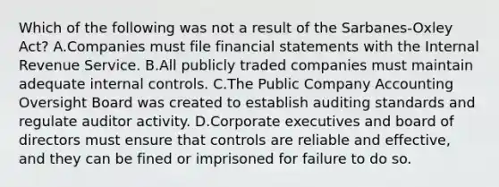 Which of the following was not a result of the Sarbanes-Oxley Act? A.Companies must file financial statements with the Internal Revenue Service. B.All publicly traded companies must maintain adequate internal controls. C.The Public Company Accounting Oversight Board was created to establish auditing standards and regulate auditor activity. D.Corporate executives and board of directors must ensure that controls are reliable and effective, and they can be fined or imprisoned for failure to do so.