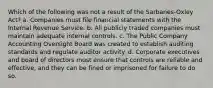 Which of the following was not a result of the Sarbanes-Oxley Act? a. Companies must file financial statements with the Internal Revenue Service. b. All publicly traded companies must maintain adequate internal controls. c. The Public Company Accounting Oversight Board was created to establish auditing standards and regulate auditor activity. d. Corporate executives and board of directors must ensure that controls are reliable and effective, and they can be fined or imprisoned for failure to do so.