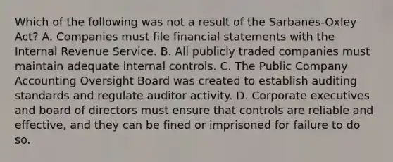 Which of the following was not a result of the Sarbanes-Oxley Act? A. Companies must file financial statements with the Internal Revenue Service. B. All publicly traded companies must maintain adequate internal controls. C. The Public Company Accounting Oversight Board was created to establish auditing standards and regulate auditor activity. D. Corporate executives and board of directors must ensure that controls are reliable and effective, and they can be fined or imprisoned for failure to do so.