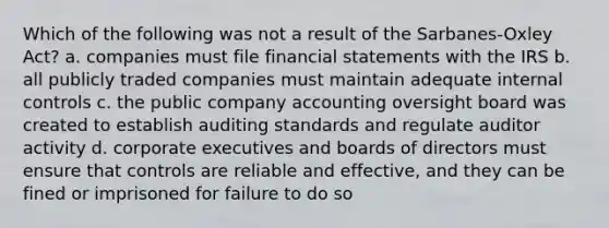 Which of the following was not a result of the Sarbanes-Oxley Act? a. companies must file <a href='https://www.questionai.com/knowledge/kFBJaQCz4b-financial-statements' class='anchor-knowledge'>financial statements</a> with the IRS b. all publicly traded companies must maintain adequate <a href='https://www.questionai.com/knowledge/kjj42owoAP-internal-control' class='anchor-knowledge'>internal control</a>s c. the public company accounting oversight board was created to establish auditing standards and regulate auditor activity d. corporate executives and boards of directors must ensure that controls are reliable and effective, and they can be fined or imprisoned for failure to do so