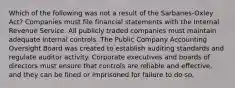 Which of the following was not a result of the Sarbanes-Oxley Act? Companies must file financial statements with the Internal Revenue Service. All publicly traded companies must maintain adequate internal controls. The Public Company Accounting Oversight Board was created to establish auditing standards and regulate auditor activity. Corporate executives and boards of directors must ensure that controls are reliable and effective, and they can be fined or imprisoned for failure to do so.