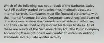 Which of the following was not a result of the Sarbanes-Oxley Act? All publicly traded companies must maintain adequate internal controls. Companies must file financial statements with the Internal Revenue Service. Corporate executives and board of directors must ensure that controls are reliable and effective, and they can be fined or imprisoned for failure to do so. All of these are results of the Sarbanes-Oxley Act. The Public Company Accounting Oversight Board was created to establish auditing standards and regulate auditor activity.