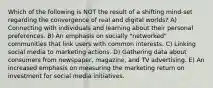 Which of the following is NOT the result of a shifting mind-set regarding the convergence of real and digital worlds? A) Connecting with individuals and learning about their personal preferences. B) An emphasis on socially "networked" communities that link users with common interests. C) Linking social media to marketing actions. D) Gathering data about consumers from newspaper, magazine, and TV advertising. E) An increased emphasis on measuring the marketing return on investment for social media initiatives.