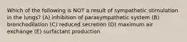 Which of the following is NOT a result of sympathetic stimulation in the lungs? (A) inhibition of parasympathetic system (B) bronchodilation (C) reduced secretion (D) maximum air exchange (E) surfactant production