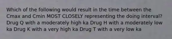 Which of the following would result in the time between the Cmax and Cmin MOST CLOSELY representing the doing interval? Drug Q with a moderately high ka Drug H with a moderately low ka Drug K with a very high ka Drug T with a very low ka