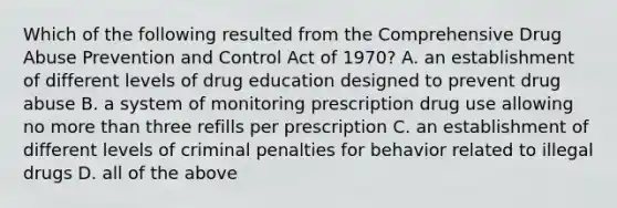 Which of the following resulted from the Comprehensive Drug Abuse Prevention and Control Act of 1970? A. an establishment of different levels of drug education designed to prevent drug abuse B. a system of monitoring prescription drug use allowing no more than three refills per prescription C. an establishment of different levels of criminal penalties for behavior related to illegal drugs D. all of the above