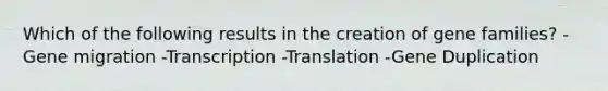 Which of the following results in the creation of gene families? -Gene migration -Transcription -Translation -Gene Duplication