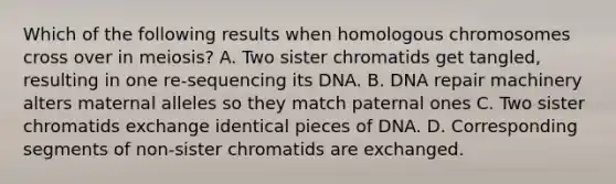 Which of the following results when homologous chromosomes cross over in meiosis? A. Two sister chromatids get tangled, resulting in one re-sequencing its DNA. B. <a href='https://www.questionai.com/knowledge/kdWJhII4NB-dna-repair' class='anchor-knowledge'>dna repair</a> machinery alters maternal alleles so they match paternal ones C. Two sister chromatids exchange identical pieces of DNA. D. Corresponding segments of non-sister chromatids are exchanged.