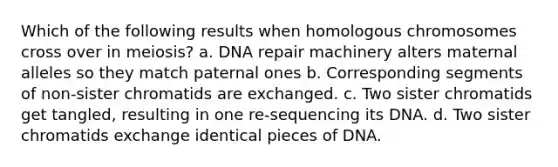 Which of the following results when homologous chromosomes cross over in meiosis? a. DNA repair machinery alters maternal alleles so they match paternal ones b. Corresponding segments of non-sister chromatids are exchanged. c. Two sister chromatids get tangled, resulting in one re-sequencing its DNA. d. Two sister chromatids exchange identical pieces of DNA.