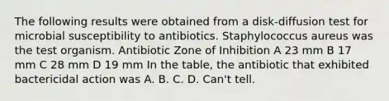 The following results were obtained from a disk-diffusion test for microbial susceptibility to antibiotics. Staphylococcus aureus was the test organism. Antibiotic Zone of Inhibition A 23 mm B 17 mm C 28 mm D 19 mm In the table, the antibiotic that exhibited bactericidal action was A. B. C. D. Can't tell.