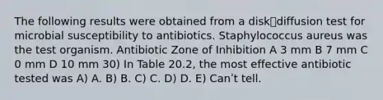 The following results were obtained from a diskdiffusion test for microbial susceptibility to antibiotics. Staphylococcus aureus was the test organism. Antibiotic Zone of Inhibition A 3 mm B 7 mm C 0 mm D 10 mm 30) In Table 20.2, the most effective antibiotic tested was A) A. B) B. C) C. D) D. E) Canʹt tell.