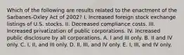 Which of the following are results related to the enactment of the Sarbanes-Oxley Act of 2002? I. Increased foreign stock exchange listings of U.S. stocks. II. Decreased compliance costs. III. Increased privatization of public corporations. IV. Increased public disclosure by all corporations. A. I and III only. B. II and IV only. C. I, II, and III only. D. II, III, and IV only. E. I, III, and IV only.