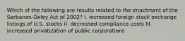 Which of the following are results related to the enactment of the Sarbanes-Oxley Act of 2002? I. increased foreign stock exchange listings of U.S. stocks II. decreased compliance costs III. increased privatization of public corporations