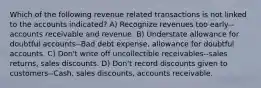 Which of the following revenue related transactions is not linked to the accounts indicated? A) Recognize revenues too early--accounts receivable and revenue. B) Understate allowance for doubtful accounts--Bad debt expense, allowance for doubtful accounts. C) Don't write off uncollectible receivables--sales returns, sales discounts. D) Don't record discounts given to customers--Cash, sales discounts, accounts receivable.