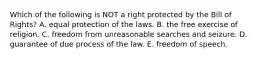 Which of the following is NOT a right protected by the Bill of Rights? A. equal protection of the laws. B. the free exercise of religion. C. freedom from unreasonable searches and seizure. D. guarantee of due process of the law. E. freedom of speech.