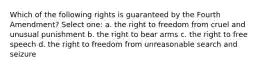 Which of the following rights is guaranteed by the Fourth Amendment? Select one: a. the right to freedom from cruel and unusual punishment b. the right to bear arms c. the right to free speech d. the right to freedom from unreasonable search and seizure