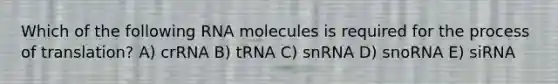 Which of the following RNA molecules is required for the process of translation? A) crRNA B) tRNA C) snRNA D) snoRNA E) siRNA