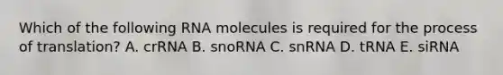 Which of the following RNA molecules is required for the process of translation? A. crRNA B. snoRNA C. snRNA D. tRNA E. siRNA