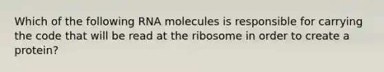 Which of the following RNA molecules is responsible for carrying the code that will be read at the ribosome in order to create a protein?