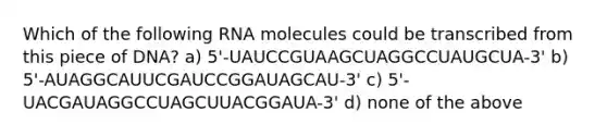 Which of the following RNA molecules could be transcribed from this piece of DNA? a) 5'-UAUCCGUAAGCUAGGCCUAUGCUA-3' b) 5'-AUAGGCAUUCGAUCCGGAUAGCAU-3' c) 5'-UACGAUAGGCCUAGCUUACGGAUA-3' d) none of the above