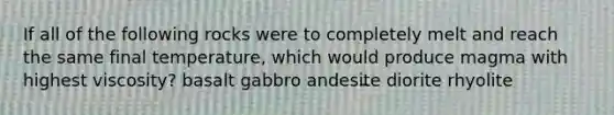 If all of the following rocks were to completely melt and reach the same final temperature, which would produce magma with highest viscosity? basalt gabbro andesite diorite rhyolite