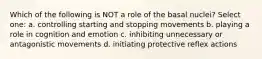 Which of the following is NOT a role of the basal nuclei? Select one: a. controlling starting and stopping movements b. playing a role in cognition and emotion c. inhibiting unnecessary or antagonistic movements d. initiating protective reflex actions