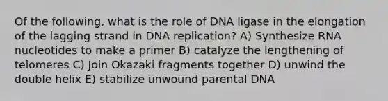 Of the following, what is the role of DNA ligase in the elongation of the lagging strand in DNA replication? A) Synthesize RNA nucleotides to make a primer B) catalyze the lengthening of telomeres C) Join Okazaki fragments together D) unwind the double helix E) stabilize unwound parental DNA