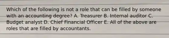 Which of the following is not a role that can be filled by someone with an accounting degree? A. Treasurer B. Internal auditor C. Budget analyst D. Chief Financial Officer E. All of the above are roles that are filled by accountants.