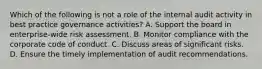 Which of the following is not a role of the internal audit activity in best practice governance activities? A. Support the board in enterprise-wide risk assessment. B. Monitor compliance with the corporate code of conduct. C. Discuss areas of significant risks. D. Ensure the timely implementation of audit recommendations.