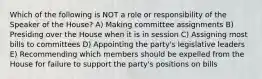 Which of the following is NOT a role or responsibility of the Speaker of the House? A) Making committee assignments B) Presiding over the House when it is in session C) Assigning most bills to committees D) Appointing the party's legislative leaders E) Recommending which members should be expelled from the House for failure to support the party's positions on bills