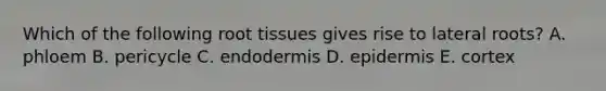 Which of the following root tissues gives rise to lateral roots? A. phloem B. pericycle C. endodermis D. epidermis E. cortex