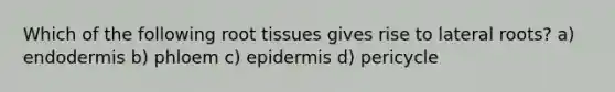 Which of the following root tissues gives rise to lateral roots? a) endodermis b) phloem c) epidermis d) pericycle