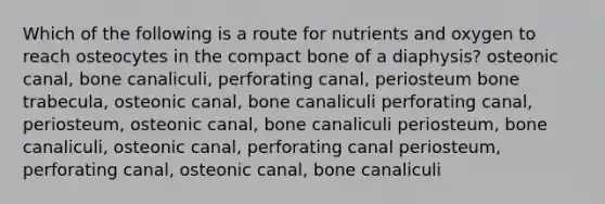 Which of the following is a route for nutrients and oxygen to reach osteocytes in the compact bone of a diaphysis? osteonic canal, bone canaliculi, perforating canal, periosteum bone trabecula, osteonic canal, bone canaliculi perforating canal, periosteum, osteonic canal, bone canaliculi periosteum, bone canaliculi, osteonic canal, perforating canal periosteum, perforating canal, osteonic canal, bone canaliculi