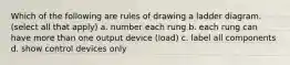 Which of the following are rules of drawing a ladder diagram. (select all that apply) a. number each rung b. each rung can have more than one output device (load) c. label all components d. show control devices only