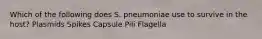 Which of the following does S. pneumoniae use to survive in the host? Plasmids Spikes Capsule Pili Flagella