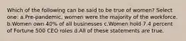 Which of the following can be said to be true of women? Select one: a.Pre-pandemic, women were the majority of the workforce. b.Women own 40% of all businesses c.Women hold 7.4 percent of Fortune 500 CEO roles d.All of these statements are true.