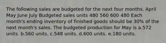 The following sales are budgeted for the next four months. April May June July Budgeted sales units 480 560 600 480 Each month's ending inventory of finished goods should be 30% of the next month's sales. The budgeted production for May is a.572 units. b.560 units. c.548 units. d.600 units. e.180 units.