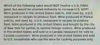 Which of the following sales would NOT involve a U.S. FINAL good, but would be counted indirectly to increase U.S. GDP? Wine produced in the United States sold to, and used by, a U.S. restaurant in recipes to produce food. Wine produced in France sold to, and used by, a U.S. restaurant in recipes to produce food. Wine produced in the United States and bought by the city of New York for parties to receive foreign visitors. Wine produced in the United States and sold to a Canada restaurant for sale to Canada customers. Wine produced in the United States and sold to U.S. households who use the wine for cooking purposes only.