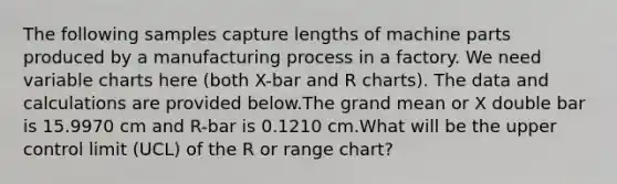 The following samples capture lengths of machine parts produced by a manufacturing process in a factory. We need variable charts here (both X-bar and R charts). The data and calculations are provided below.The grand mean or X double bar is 15.9970 cm and R-bar is 0.1210 cm.What will be the upper control limit (UCL) of the R or range chart?