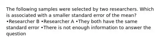 The following samples were selected by two researchers. Which is associated with a smaller standard error of the mean? •Researcher B •Researcher A •They both have the same standard error •There is not enough information to answer the question