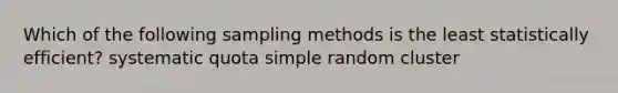 Which of the following sampling methods is the least statistically efficient? systematic quota simple random cluster