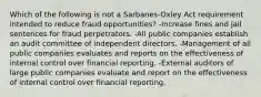 Which of the following is not a Sarbanes-Oxley Act requirement intended to reduce fraud opportunities? -Increase fines and jail sentences for fraud perpetrators. -All public companies establish an audit committee of independent directors. -Management of all public companies evaluates and reports on the effectiveness of internal control over financial reporting. -External auditors of large public companies evaluate and report on the effectiveness of internal control over financial reporting.